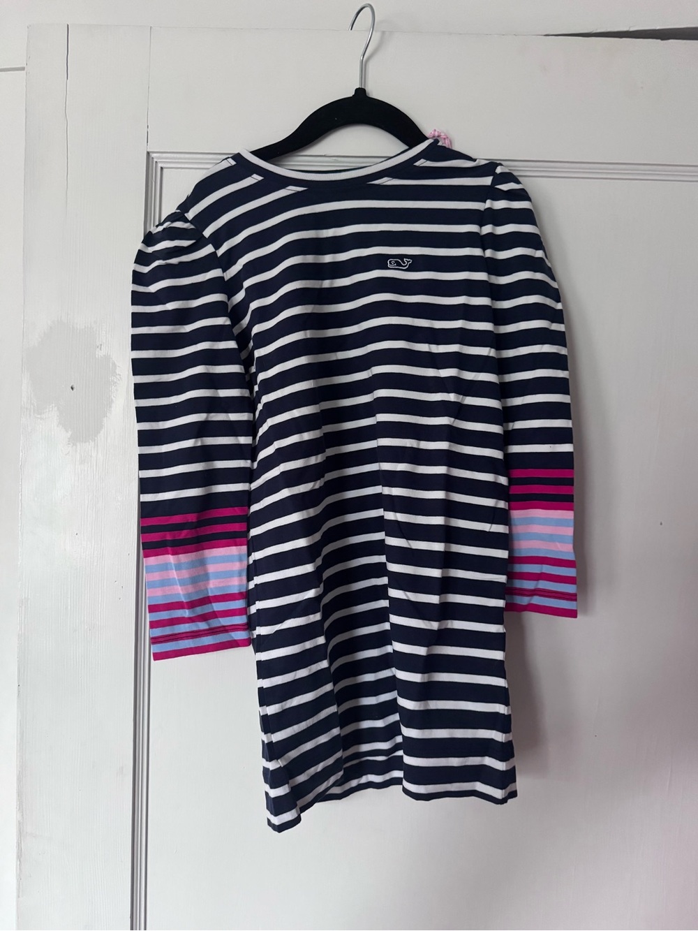NWT Vineyard Vines Navy and White Striped Long Sleeve Dress with Pink Cuffs